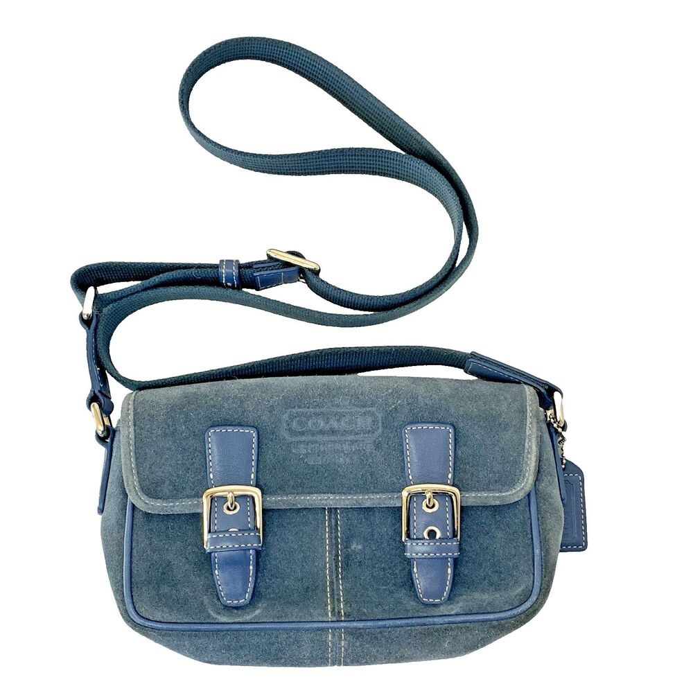 Coach 2004 Blue Suede & Leather Double Buckle Flap Closure Crossbody Bag #1405